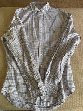 Ralph Lauren Men's Blue and White Check Button-Down Shirt with Gold Pony